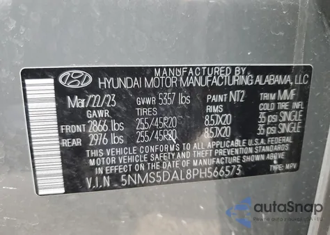 2023 Hyundai Santa Fe Calligraphy z USA, uszkodzony, nr VIN 5NMS5DAL8PH566573